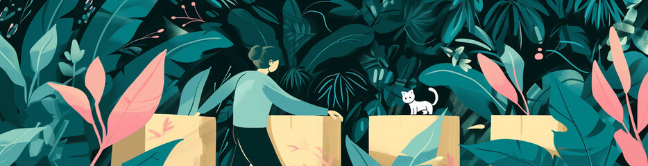 delivery, box, person, cardboard, woman, cat, packaging, abstraction, comic, symetrical, ethereal foliage, stop-motion animation, shopping, design, clothes, people