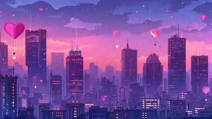 dreamy cityscape at dusk, with skyscrapers aglow in shades of pink and purple. Incorporate elements like heart-shaped hot air balloons and couples enjoying