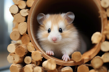 Hamster in a box of firewood. Close up