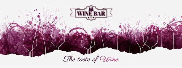 Horizontal banner with red wine stains and silhouettes of glasses and bottles. Torn paper shape with place for text. Header for wine designs. Vector