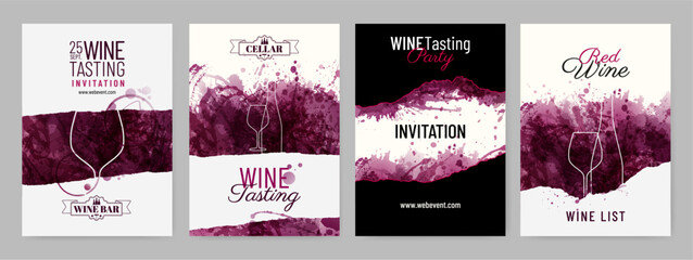 Set of templates for wine designs. Texture of red wine stains, artistic. Suitable for covers, banners, invitations and promotional brochures. Vector - obrazy, fototapety, plakaty