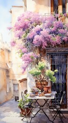 Fototapeta na wymiar Hobby and leisure, watercolor illustration of a beautiful balcony or terrace decorated with various potted flowers
