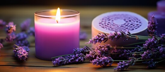 Closeup of a lavender-scented candle in a glass and heart-shaped candle with lavender flowers burning.