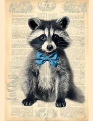 Raccoon cute baby old paper, vintage junk journal digital paper