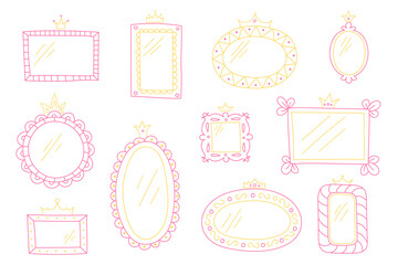 A set of hand-drawn minimalist mirror doodles. Girly vector frames for little princesses of different shapes. Pink and yellow lines, crowns, decorative border.