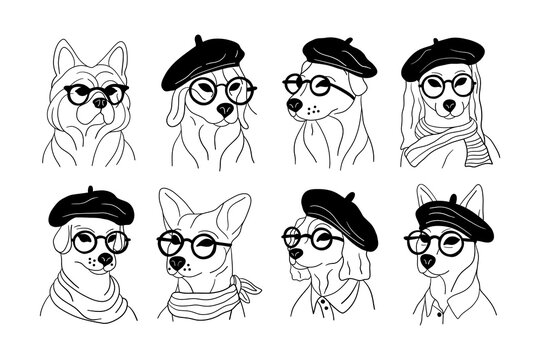 Portraits of dogs. Cute linear puppy characters of different breeds, happy pet animals minimalist style. Modern vector set