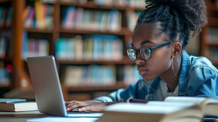 A young female black college student in the library, with a tired look on her face, typing on the keyboard.