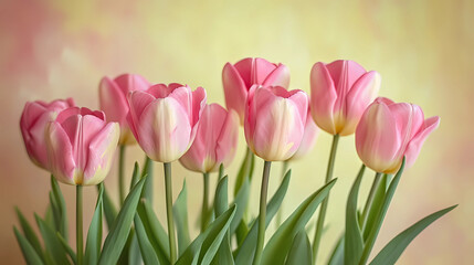 Beautiful pink tulips on soft yellow background 