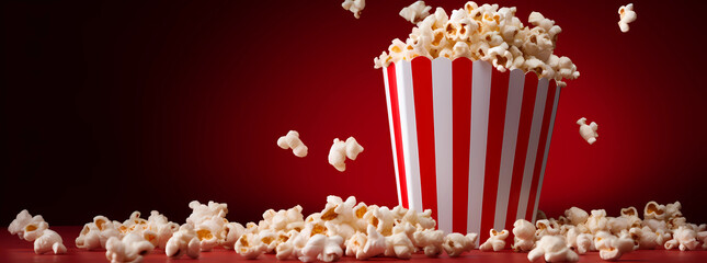 popcorn in a background, good popcorn scattering from a red striped carton box on a dark red background