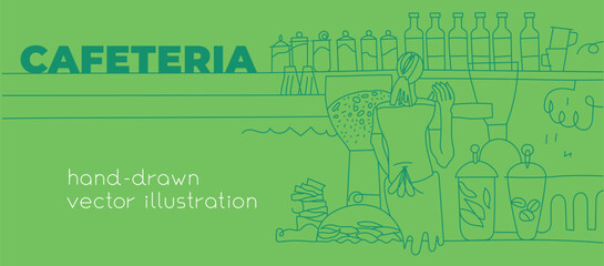 Vector illustration of cafeteria with young female barista. Hand-drawn linear illustration of Coffeehouse interior with cookies, liquor bottles, coffee grinder. Сafe drawing.