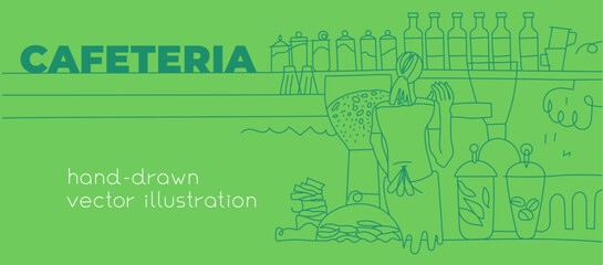 Naklejka premium Vector illustration of cafeteria with young female barista. Hand-drawn linear illustration of Coffeehouse interior with cookies, liquor bottles, coffee grinder. Сafe drawing.