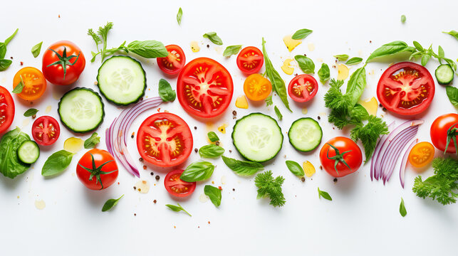 Creative layout made of sliced ​​tomato, red onion, cucumber, basil leaves. Flat lay, top view. Food concept. Vegetables isolated on white background. Food ingredient pattern. Banners. Generate AI