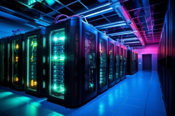 Data center with several rows of running server racks in dark room