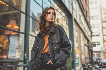 Jacket mockup in an urban setting, a trendy image showcasing a jacket worn by a woman model in a city environment.
