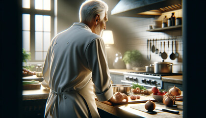 chef in the kitchen with his back to the camera in a naturally lit environment - obrazy, fototapety, plakaty