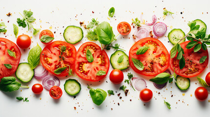 Creative layout made of tomato slices and lettuce salad leaves. Flat lay, top view. Food concept. Vegetables isolated on white background. Food ingredients pattern. Generate AI