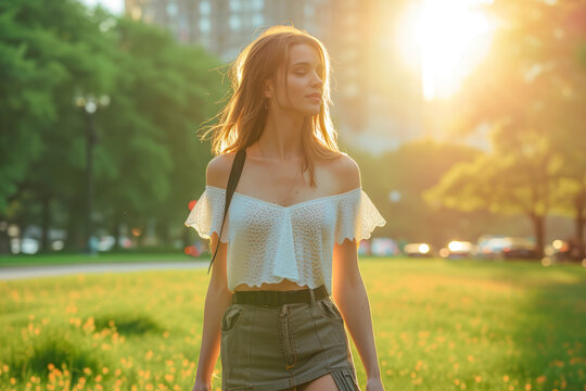 Skirt mockup in a city park, a stylish image showcasing a skirt worn by a woman model in a vibrant city park.