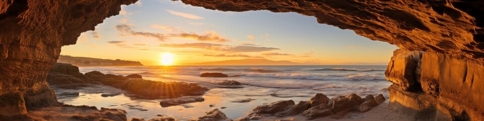 Fototapeta na wymiar A coastal arch panorama at golden hour, with warm sunlight illuminating the natural stone formation