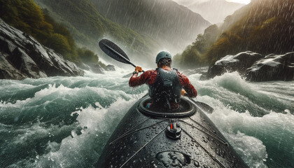 kayaking down a white water rapid river in the mountains, rain day. - obrazy, fototapety, plakaty