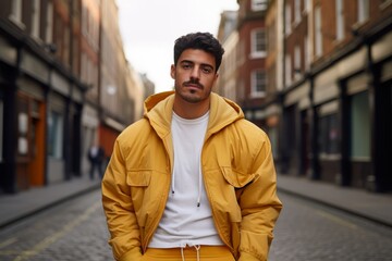 Portrait of a handsome young man in a yellow jacket in the city