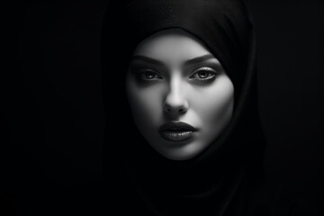 Serious female beautiful face with stocking on head, black background, closed eyes, monochrome 