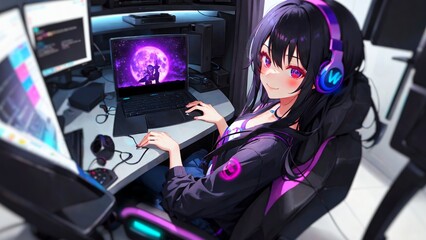 Fototapeta na wymiar Anime girl sitting at the computer, wearing headphones, anime wallpaper, wallpaper for PC, sexy girl
