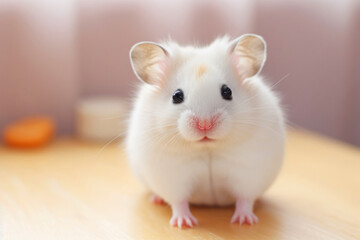 White hamster on a wooden table, close-up, selective focus