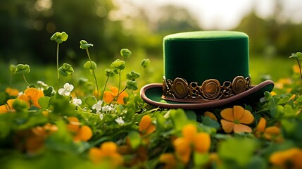 Obraz na płótnie Canvas A close-up of a green leprechaun hat against a shamrock field
