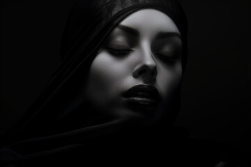 Serious female beautiful face with stocking on head, black background, closed eyes, monochrome 