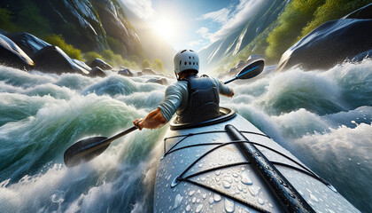 kayaking down a white water rapid river in the mountains, close view. - Powered by Adobe