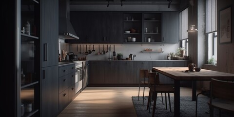 Minimalist interior of kitchen in dark colors in modern house.