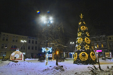 Christmas illuminations on the market square in Lubliniec. Christmas 2023.