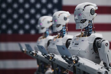 Fototapeta premium Line of robots with ballot papers in their hands vote in the presidential election or robots take the oath of office against the backdrop of the American flag