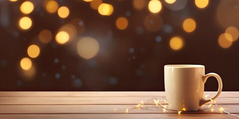 A big cup on a wooden sill adorned with holiday lights. - obrazy, fototapety, plakaty