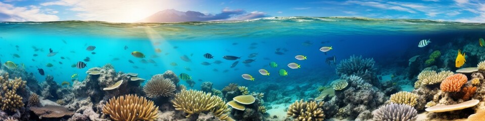 Fototapeta premium A panoramic view of a vibrant coral reef beneath the clear, turquoise waters of the ocean