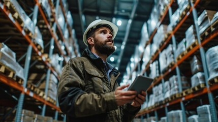 Warehouse worker using digital tablet in warehouse. This is a freight transportation and distribution warehouse. Industrial and industrial workers concept