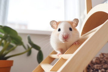 Fototapeta premium Hamster on a wooden ladder for rodents