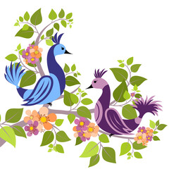 Obraz premium Abstract decorative illustration of two birds sitting on a tree branch with leaves and flowers on a white background.