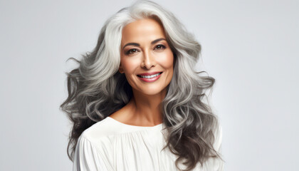 Naklejka premium Elegant Senior Lady: Portrait of a Happy, Confident, and Stylish Mature Woman with Grey Hair - Banner of Ageless Beauty, Modern Lifestyle, and Positive Contentment in a Studio Setting