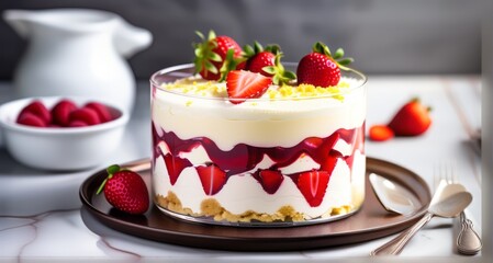 Berry dessert, cheesecake, trifle, mouse in a glass.. Dessert in glasses with fresh strawberries, whipped cream and biscuit. romentic Healthy food, vegan food. sugar, gluten and lactose free homemad. 
