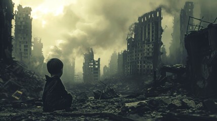 boy on his back sitting in front of some city ruins - obrazy, fototapety, plakaty