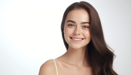 Radiant Beauty: Young Woman's Closeup Portrait - Perfect Skin, Healthy Hair, and Attractive Features - Banner of Natural Wellness, Cosmetology, and Fashionable Elegance