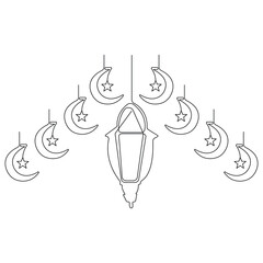  Continuous one line art drawing of Ramadan kareem with lantern and star, moon outline art vector