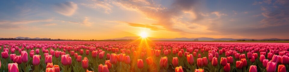 A vibrant tulip field panorama at sunrise,  with the first light touching the colorful blossoms - obrazy, fototapety, plakaty