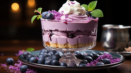 Blueberry layered cheesecake, no baked ombre mousse cake, decorated with fresh berries