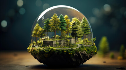 Glass globe with forest inside. Green planet, environmental conservation concept
