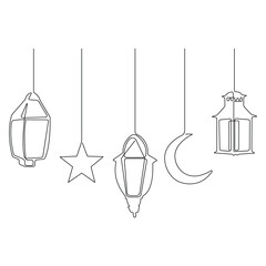  Continuous one line art drawing of Ramadan kareem with lantern and star, moon outline art vector