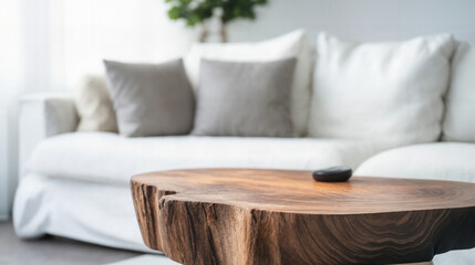 A live edge wood coffee table with a large couch in a living room. Modern decor and contemporary style.
