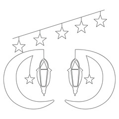  Continuous one line art drawing of Ramadan kareem with lantern and star, moon outline art vector