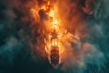Cargo ship oil tanker Burning ship in sea aerial view